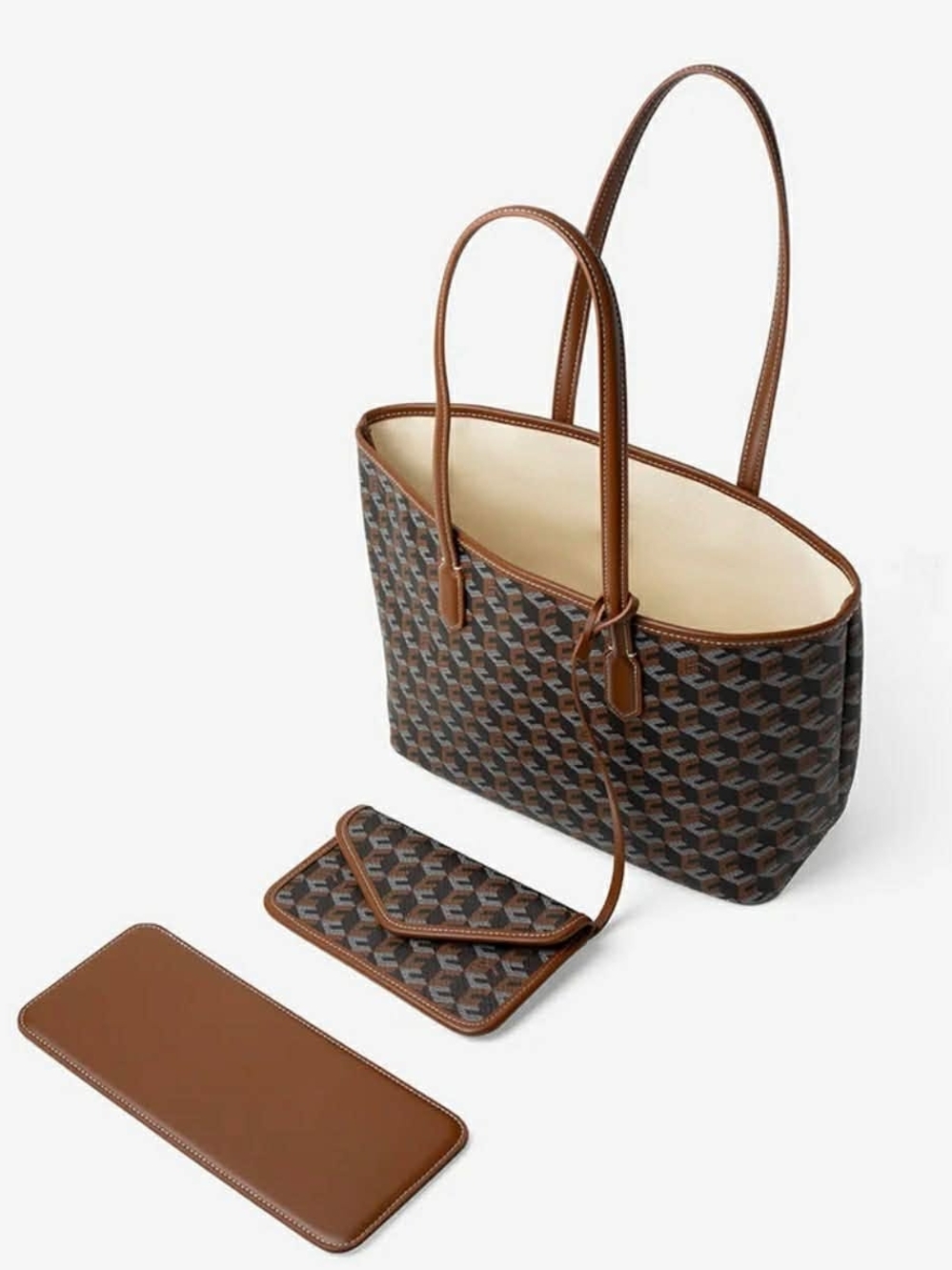 Christy NG Leather-Trim Brown Patterned Tote Bag with Pouch